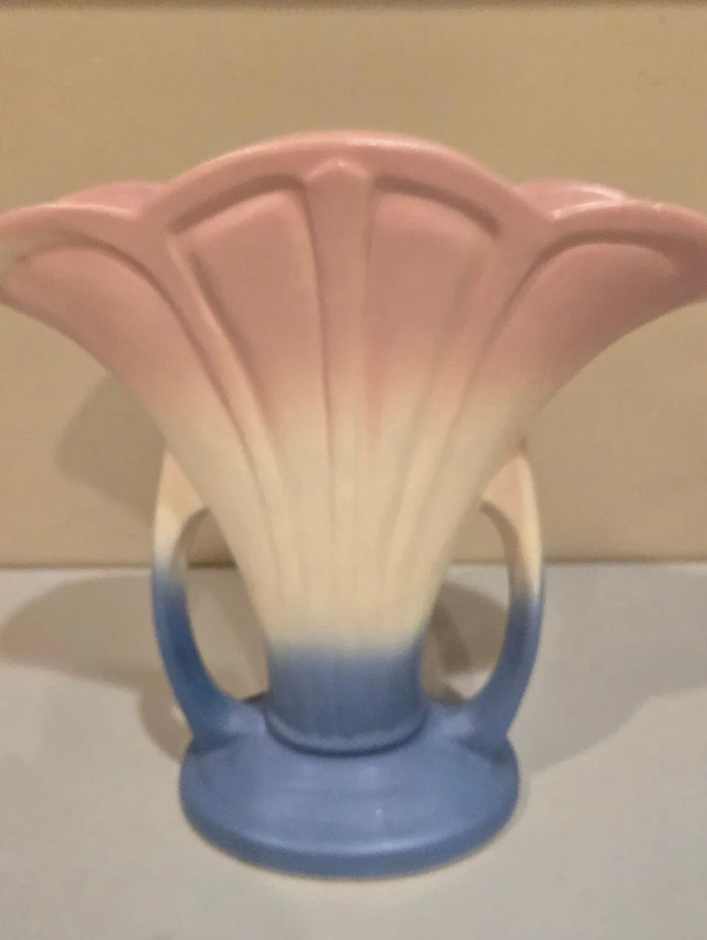 Vintage Hull Pottery Mardi Gras Pink, Cream & Blue Ceramic Fan Vase 